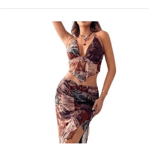 Women's 2pc Boho Western Tie Dye Backless Top & Split Thigh Skirt Outfit - Picture 1 of 16